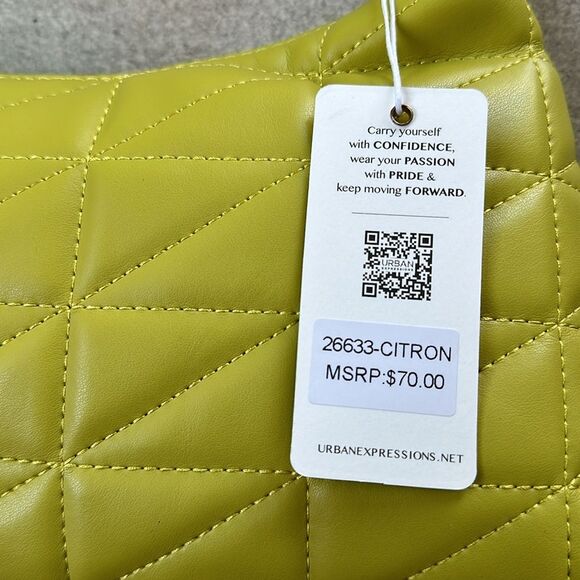 NWT Urban Expressions Bodhi Quilted Vegan Leather Shoulder Purse Bag in Citron - Picture 13 of 14